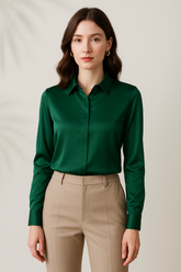 Emerald Green Satin Shirt for Women, featuring full sleeves and a classic collar, styled with beige trousers.